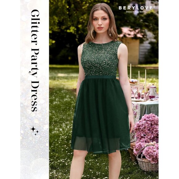 Sequin Dress Women's Tulle Mini Cocktail A Line Sleeveless Formal - Picture 3 of 5